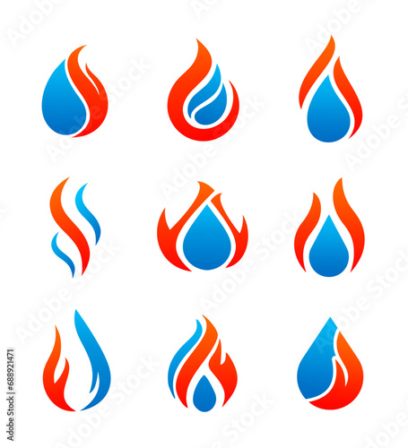 Fire and Water icon logo set collection isolated