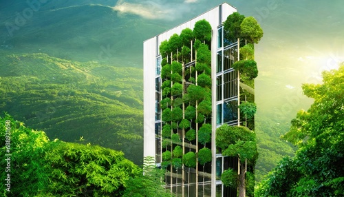 Company building forest decorate, Green company zero carbon. photo