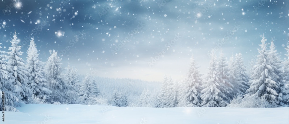 Serene winter landscape with snow-covered trees and sparkling lights. Seasonal background.