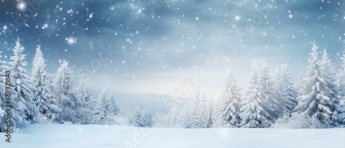 Serene winter landscape with snow-covered trees and sparkling lights. Seasonal background. © Postproduction