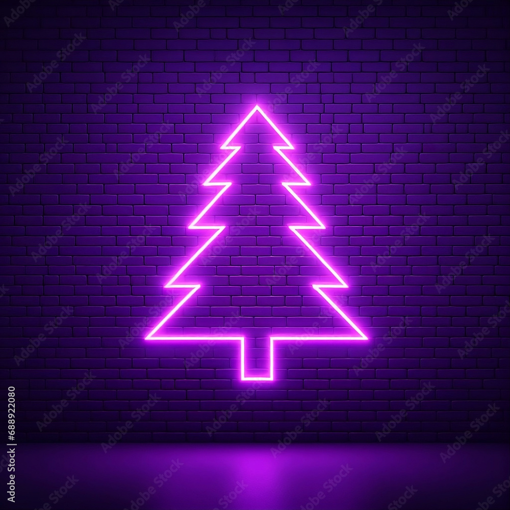 árbol de navidad de neón violeta sobre un muro de ladrillos árbol de navidad de neón violeta sobre un muro de ladrillos