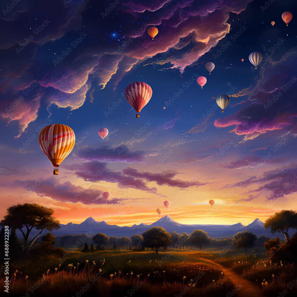 A cluster of hot air balloons against a twilight sky.