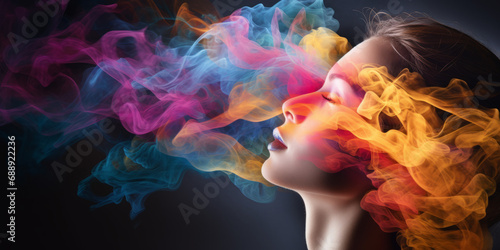 A woman with a rosy face, closed eyes, and slightly parted lips, enveloped in swirling red and blue smoke, creating a deep and dreamy space
