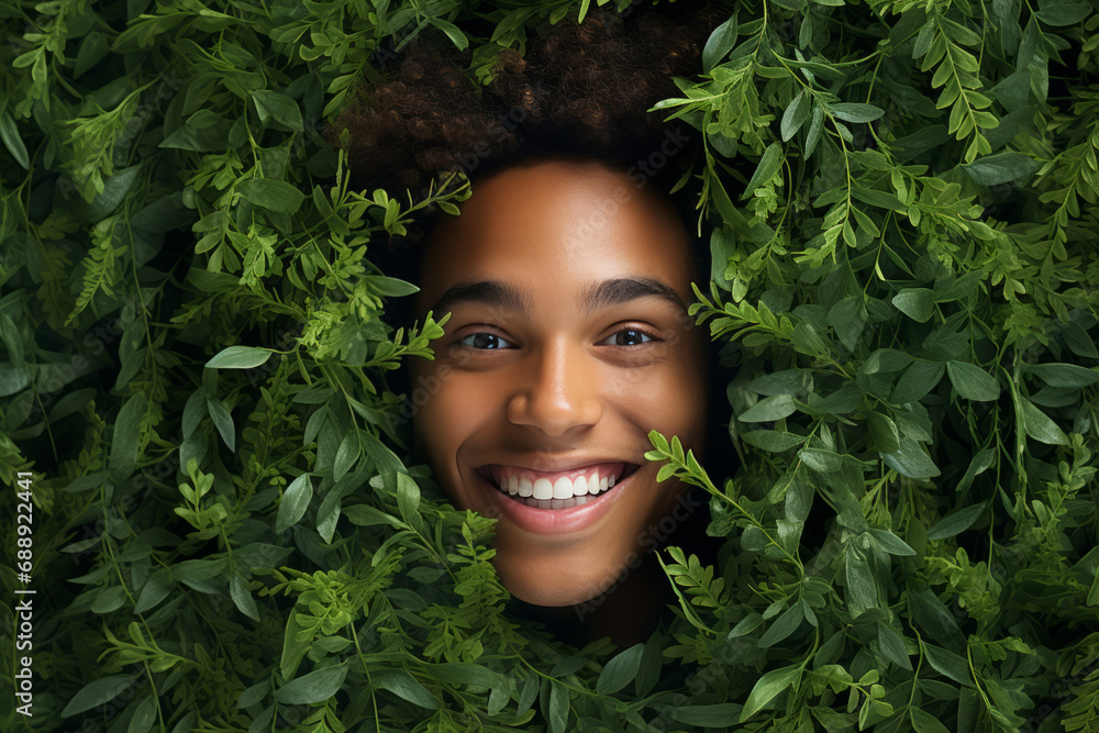 A young man's face amidst a cluster of green leaves. Around them are bright green leaves and branches, creating a natural picture full of vitality, peace, relaxation and closeness to nature. A young man's face amidst a cluster of green leaves. Around them are bright green leaves and branches, creating a natural picture full of vitality, peace, relaxation and closeness to nature.