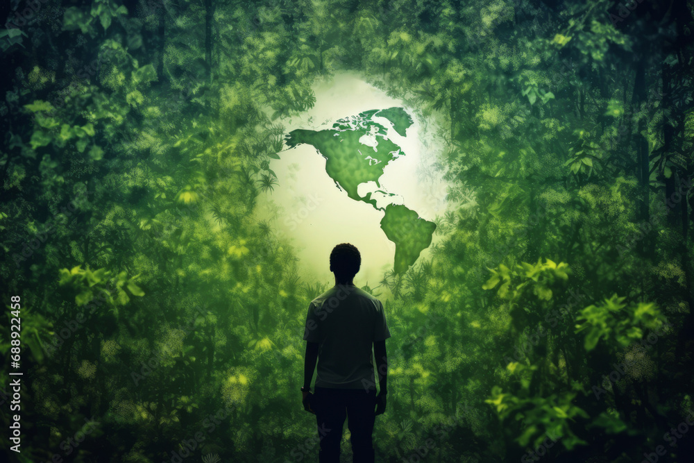 Fototapeta premium A person is standing with his back turned in a dense forest, looking at a glowing map of the world. seems to be contemplating the map. The main color of the image is green