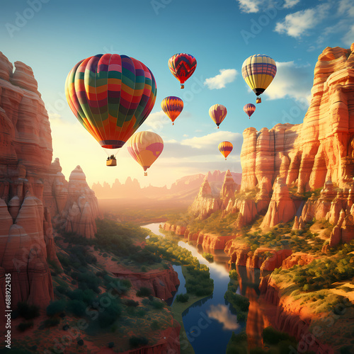 A cluster of hot air balloons drifting over a canyon.