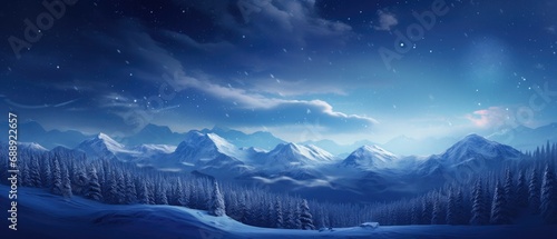 Serene winter landscape with snowy mountains and starry sky. Seasonal nature background. © Postproduction