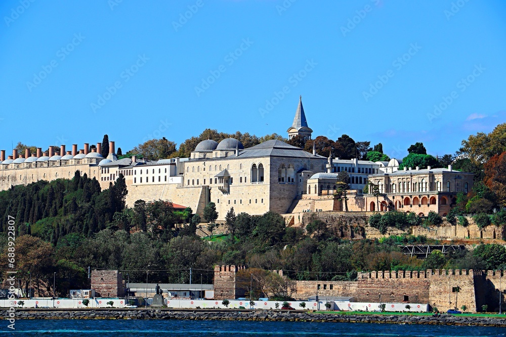  View of Topkapi Palace in Istanbul from a passenger sea ferry sailing along the Bosphorus