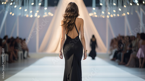 Sexy Fashion Model in Black Silk Dress. Fashion show back view. Glamour Woman in Long Luxury Slit Gown flying on Wind with Wavy Hair Style, Model walking on stage during runway show photo