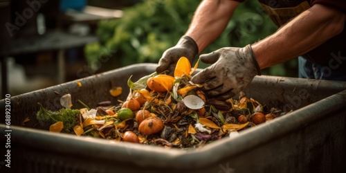 Hands composting kitchen scraps in a bin