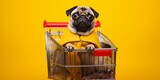 Pug in a shopping cart on a yellow background