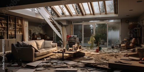 Living room with a collapsed ceiling and debris photo