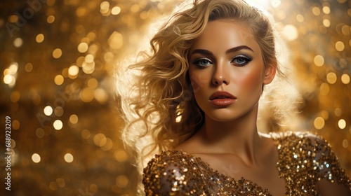 Elegant woman in glittering gold dress against sparkling background. Glamour and fashion.