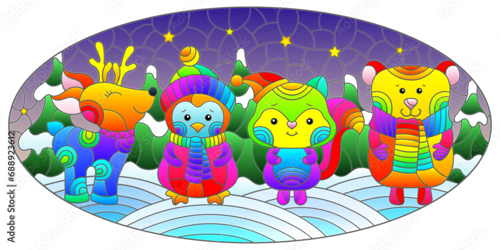 Naklejka premium An illustration in the style of a stained glass window on the theme of New Year holidays , cute animals on the background of a winter night landscape