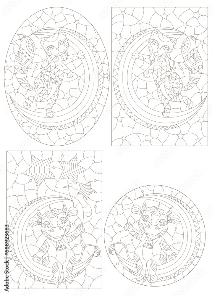 Set of contour illustrations in a stained glass style with cartoon cute cow and cat on the moon, dark outlines on a white background