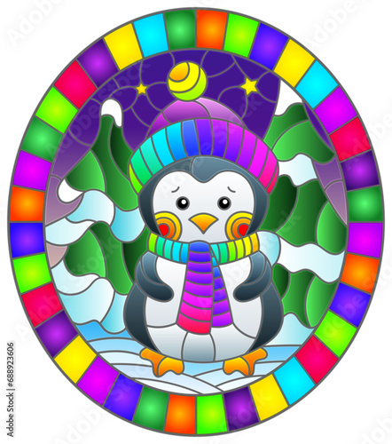 An illustration in the style of a stained glass window on the theme of New Year holidays , cute penguin on the background of a winter night landscape