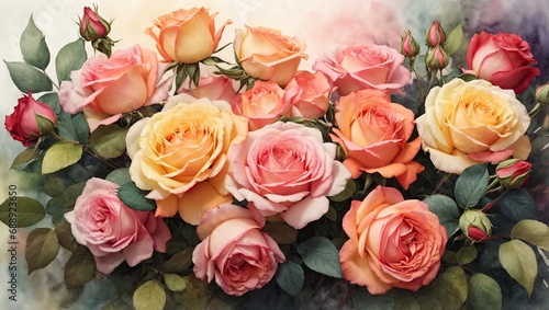  Watercolor Roses and Leaves  Digital Rendering