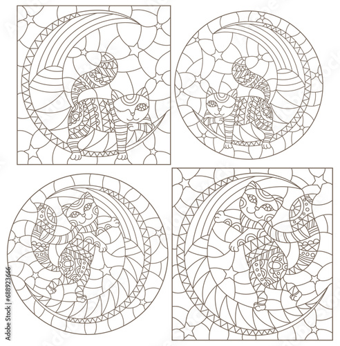 A set of contour illustrations in the style of a stained glass window with cats on the moon, dark contours isolated on a white background