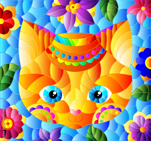 Stained glass illustration with the face of a funny cartoon kitten and flowers on a blue background