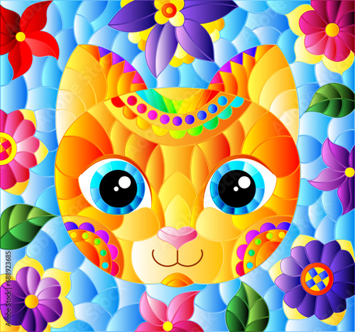 Stained glass illustration with the face of a funny cartoon kitten and flowers on a blue background