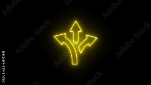 yellow color arrow points to the left, right, up. Flashing neon icon to the three-way arrow. glowing neon arrow sign. photo