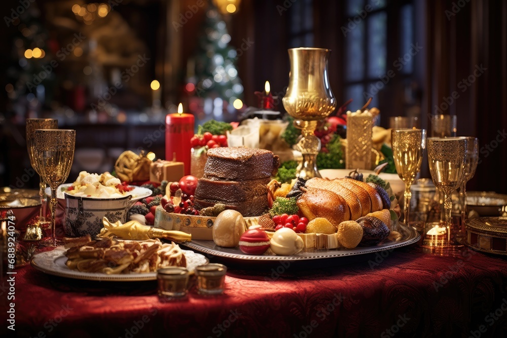 Festive table setting with traditional Christmas dinner and decorations. Holiday feast.