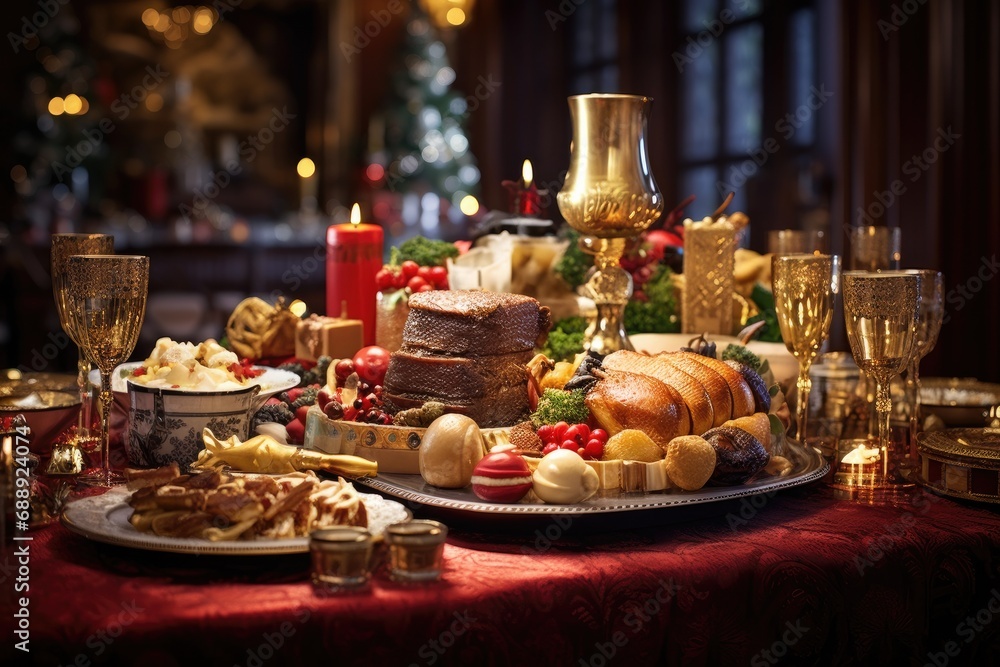 Festive table setting with traditional Christmas dinner and decorations. Holiday feast. Festive table setting with traditional Christmas dinner and decorations. Holiday feast.