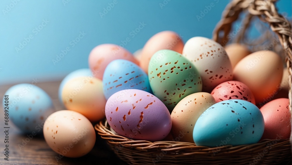 Colorful easter eggs on wicker basket. Generative AI