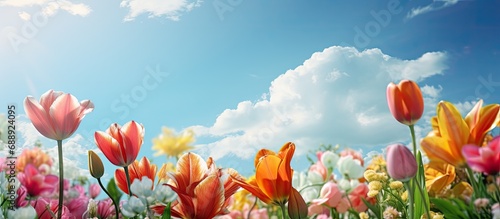 The blooming flowers of various colors look beautiful  surrounded by green nature  under a sunny sky.