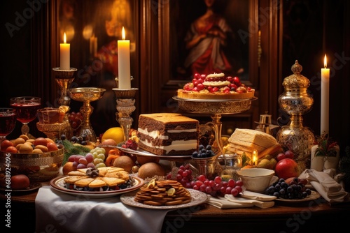 Elegant traditional Christmas dinner spread with desserts and candles. Holiday feast and decoration.