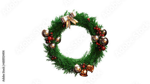 christmas wreath green pine tree leaves with red berries gold ornament ball and glowing light 3D rendering