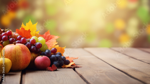 happy thanksgiving with colorful fruits and vegetables, walnuts and fallen leaves, autumn, autumn, on a light colored wooden table, background bokeh,with space for your text.