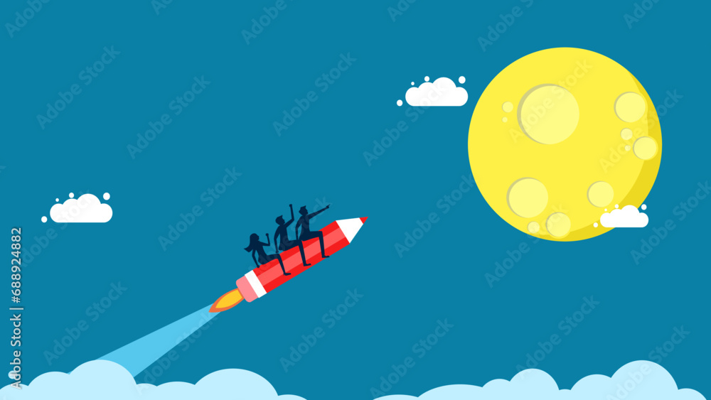 It is as real as in imagination. team of businessmen controls a pencil rocket to the moon. vector