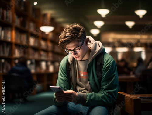 A Photo of a Student Using a Budgeting App on Their Smartphone While Studying in a University Library