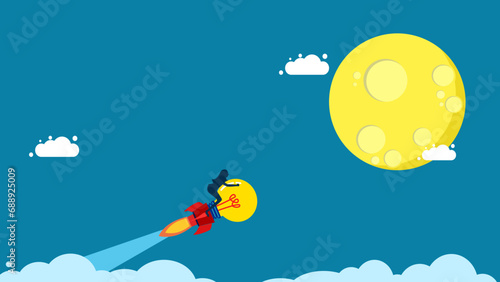 Successful thinking. woman flies with light bulb to the moon vector © Nastudio
