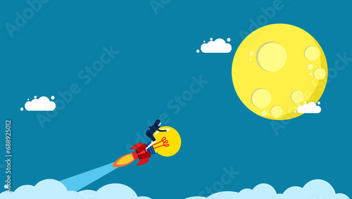 Imagination creates ideas. Businesswoman flies with light bulb to the moon vector © Nastudio