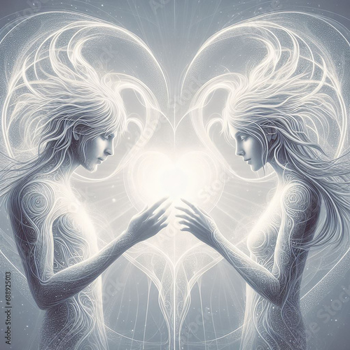 Twin flame couple. Soulmates. The concept of magical, esoteric, tantric, spiritual love. Connection between souls. Illustration for websites and much more. Created using generative ai tools.