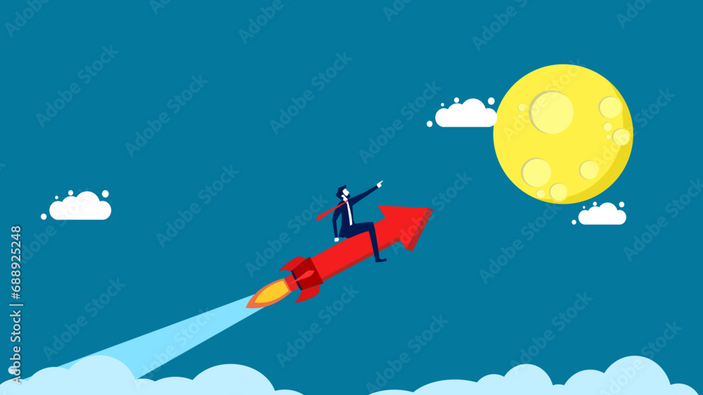Profit grows. Businessman flies with rocket arrow pointing at moon vector