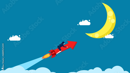Growth, profits soar. Businesswoman controls growth graph to the moon vector