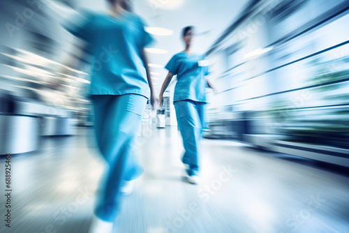 motion blur of medical workers walking in the hospital corridor, abstract background