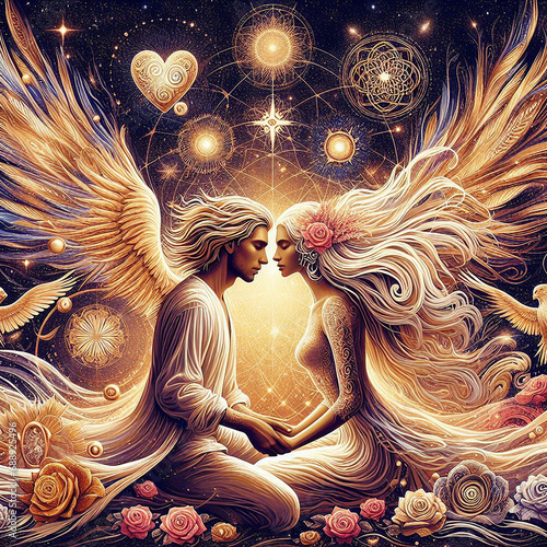 Twin flame couple. Soulmates. The concept of magical, esoteric, tantric, spiritual love. Connection between souls. Illustration for websites and much more. Created using generative ai tools