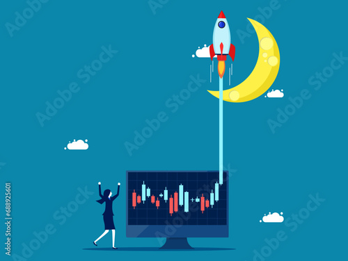 Stocks and investments. Businesswomen are happy that stock prices are rising. vector