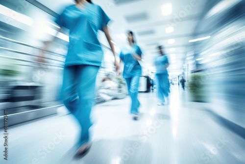 motion blur of medical workers walking in the hospital corridor, abstract background