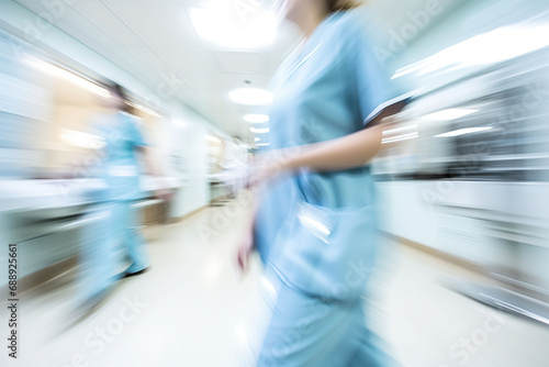 motion blur of medical workers walking in the hospital corridor, abstract background