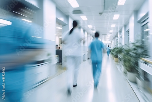 motion blur of medical workers walking in the hospital corridor, abstract background © ttonaorh