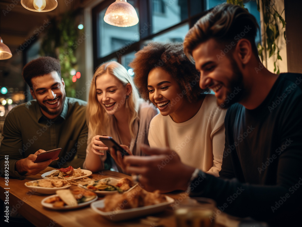 A Photo of a Group of Friends Using a Social Investment App to Discuss and Share Investment Tips