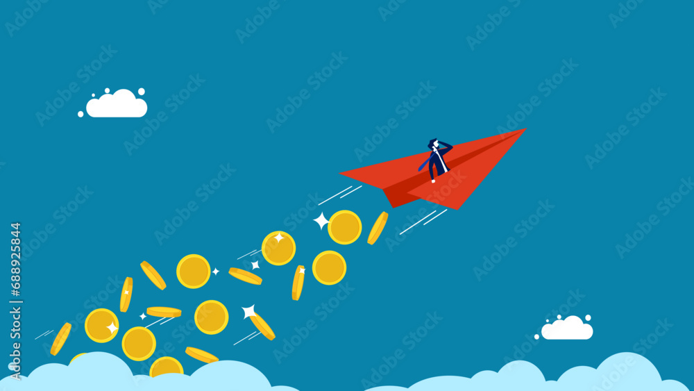Business is driven by money. Businessman controls a confetti rocket to throw coins in the sky. vector illustration