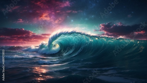 Quantum Sunset A Fantastic Illustration of Ocean Waves and Night Sky with Vibrant Quantum Interference in Full Color photo