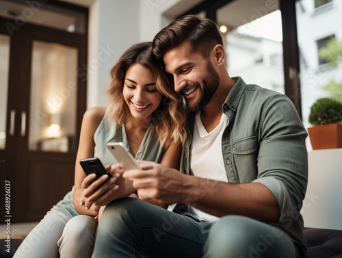 A Photo of a Young Couple Using a Home Loan Calculator on Their Phone While Viewing a Property