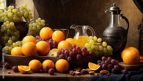 "Harmony in Still Life: Grapes, Oranges, Cheese, and Pitcher